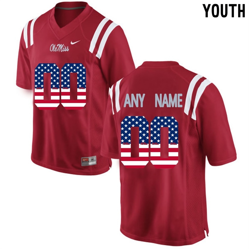 Ole Miss Rebels Youth NCAA Red US Flag Fashion Custom Limited College Football Jersey QXZ8549VL